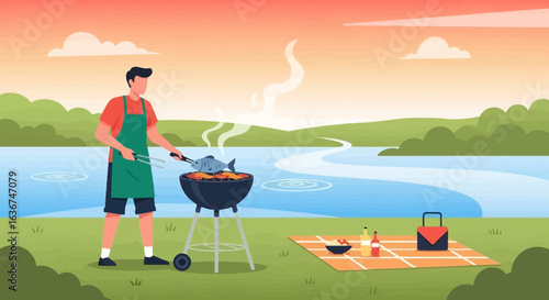 Outdoor Fish Grill Party By The Lake During Sunset For Leisure Time