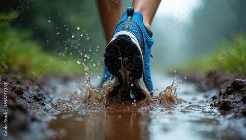 Running through muddy puddle on rainy forest trail. Close-up of blue athletic shoe splashing water creating dynamic motion. Focus on grip, traction for tough terrain, wet conditions, outdoor