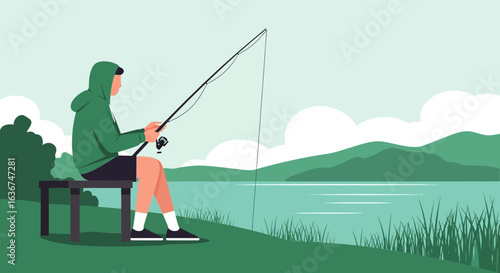 Peaceful Fishing Scene By The Lake With Fisherman And Green Landscape