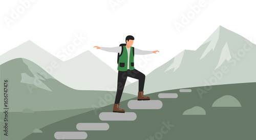 Man Climbing Mountain Trail Achieving Success And Enjoying Scenic View