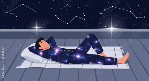 Man dreaming under the stars: A serene rooftop scene with celestial pajama and constellations night sky bringing peace and wonder