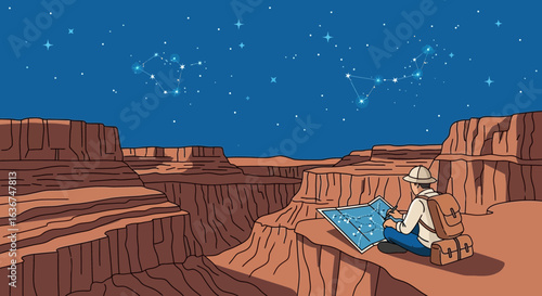 Man exploring grand canyon under constellation stars using map for guidance in desert