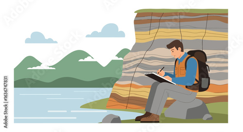 Man Examining Rock Formations And Taking Notes On Geological Expedition
