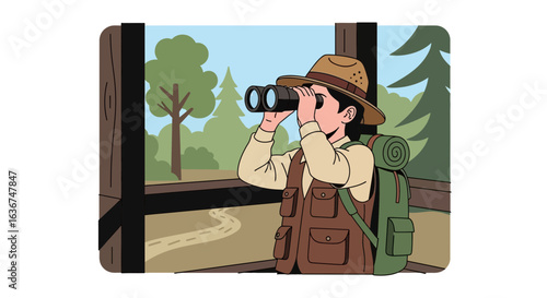 Man Exploring Nature Using Binoculars From a Cabin Window View Illustration