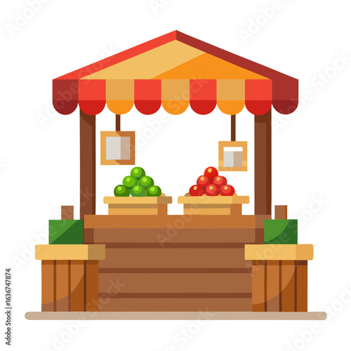 Flat Wooden Market Stall with Produce and Artisanal Goods Vector Illustration