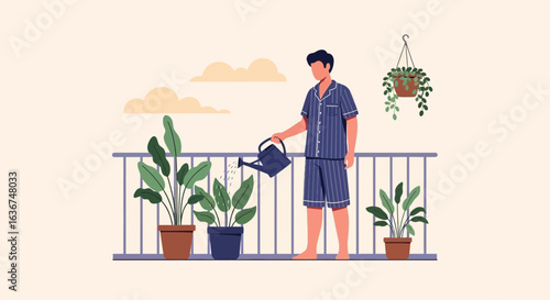 Man In Pajamas Watering Plants On Balcony In The Morning Light With Clouds