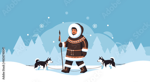 Man In Winter Clothing With Dogs Navigating Snowy Terrain Illustration