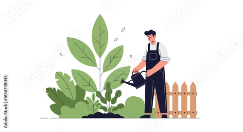 Man Is Gardening and Watering Plants In His Garden In Growing Season