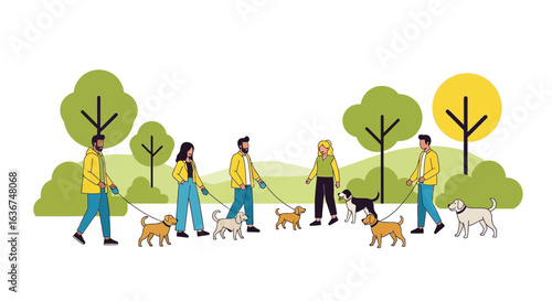 People walking dogs in park illustration showcasing outdoor lifestyle and pet companionship creating a vibrant scene