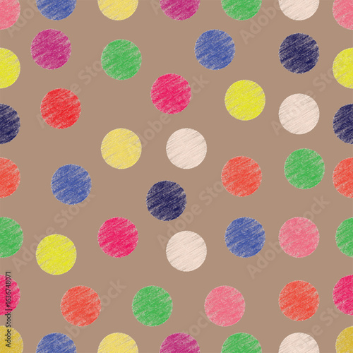 Polka dots seamless pattern, Crayon kids colorful background, Vector illustration 