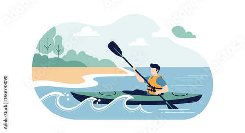 Man Kayaking On Water In Safe Way For Recreation And Enjoyment Outdoors