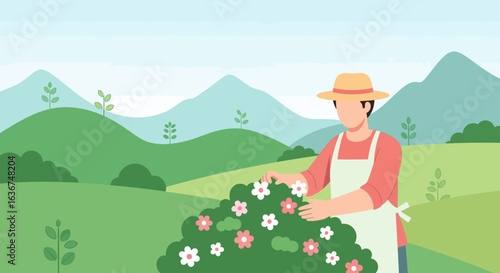 Person Wearing Apron Tending Flowering Shrub on a Picturesque Landscape