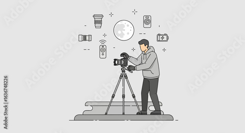 Photographer Adjusting Camera on Tripod to Capture Moon with Various Accessories