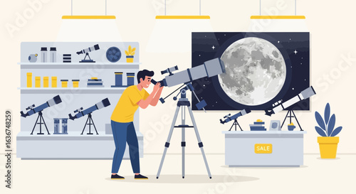 Man Observes Celestial Bodies Through Telescope in Astronomy Store Display