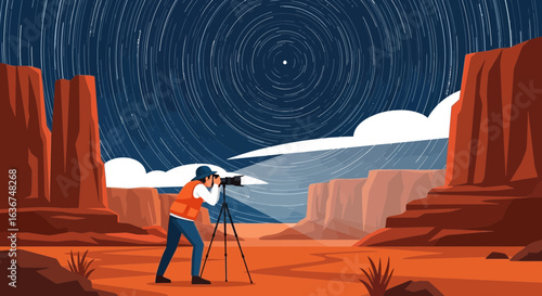 Photographer Capturing Star Trails Under Night Sky in Desert Landscape