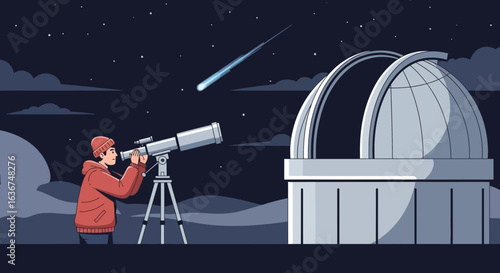 Man Observes Shooting Star Through Telescope Near Observatory At Night