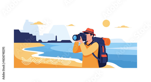 Photographer On Vacation Capturing A Coastal Landscape During A Sunny Day