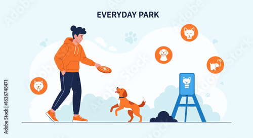 Man Playing Frisbee With His Dog In The City Park Vector Illustration