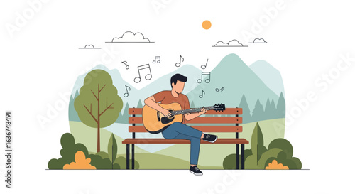 Man Playing Guitar On A Bench At The Park Creating A Musical Atmosphere