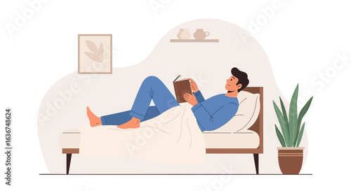 Man reading book in bedroom illustration for lazy morning concept design