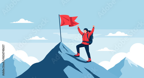 Man Reaching Mountain Peak with Flag for Success and Achievement Concept