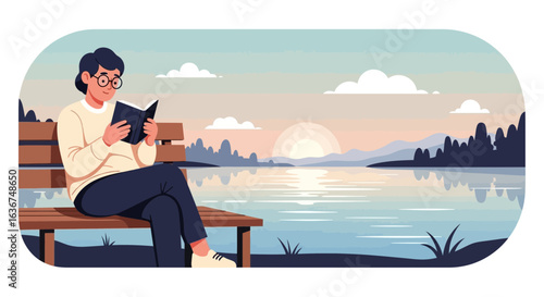 Man Reading Book on Bench Enjoying Peaceful Lake View at Sunset Serenity