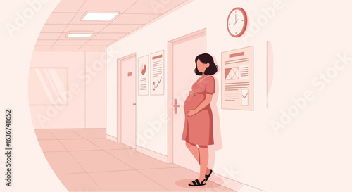 Pregnant woman waiting for her medical appointment in hospital corridor illustration