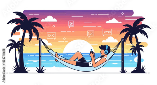 Man Relaxes In Hammock With Mobile Phone In Tropical Paradise Coast