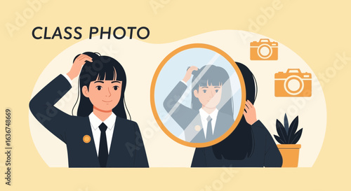 Preparing For Class Portrait With Mirror And Cameras Decorative Elements