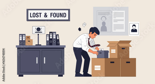 Man Searching Lost and Found Box with Documents in the Office Illustration