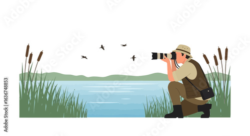 Professional photographer takes pictures of birds flying over the lake using digital camera for stock illustration design