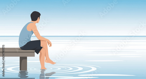 Man sitting on pier enjoying the tranquility of the sea on a sunny day feeling relax and calm