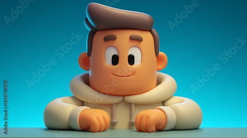 Cheerful 3D Cartoon Style Male Character Sitting in Front of Blue Background