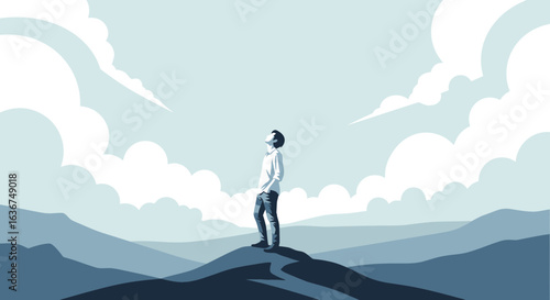 Man Standing On Peak Observing Clouds In The Sky Artistic Illustration