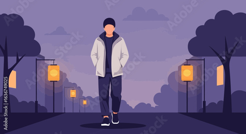 Man Strolling Under Lantern Light at Dusk Serene Evening Scene