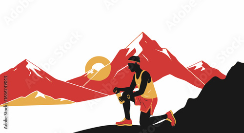 Man taking a break during marathon run in mountains with dramatic landscape at sunrise