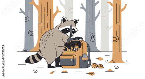 Raccoon Packing Provisions In Backpack Ready For Forest Adventure Illustration