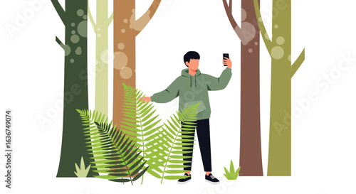 Man Taking Selfies In The Woods During Nature Walk For Social Media