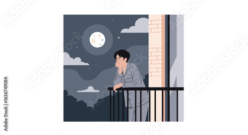 Man thoughtfully looking at moonlit sky from balcony, contemplating solitude