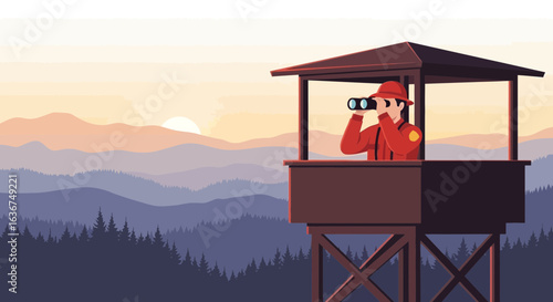 Ranger Station Lookout At Sunset Watching Forest Fire With Binoculars