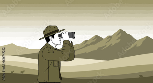 Ranger Observing Wilderness With Binoculars Illustration Sepia Scenery