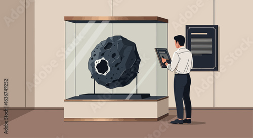 Man Viewing Space Rock Artifact In A Museum Exhibit For Educational Purposes