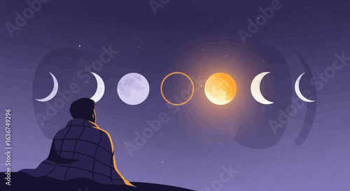 Man Watching Celestial Dance Depicting Lunar Phases Under Night Sky