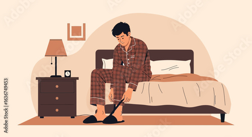 Relaxed Morning Routine Young Man Wearing Slippers in Bedroom Illustration