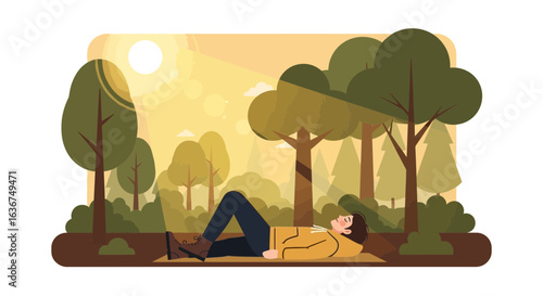 Relaxing Autumnal Escape Serene Man Laying In Sunny Forest Landscape