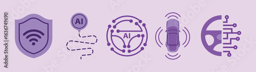 Autonomous car taxi and artificial intelligence technology icons GPS navigation, steering wheel, wireless, parking, and vehicle sensors. Flat vector illustration isolated. Smart transport concept
