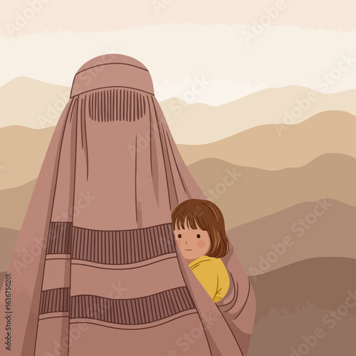 A woman in a burqa holds a child close, symbolizing protection and care amidst a barren, mountainous landscape, evoking themes of family, tradition, and resilience