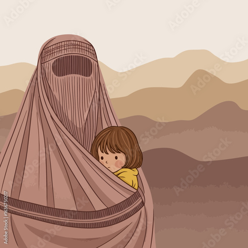 A woman in a burqa holding a child in front of a mountainous desert landscape, symbolizing cultural traditions and family bonds