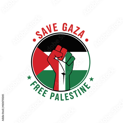 Save gaza, free palestine a powerful symbol of solidarity and protest featuring a raised fist against the backdrop of the palestinian flag, advocating for human rights and justice