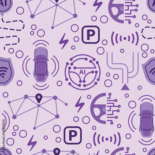 Autonomous car taxi and artificial intelligence technology seamless pattern GPS navigation, steering wheel, wireless, parking, and vehicle sensors. Flat vector illustration. Smart transport concept